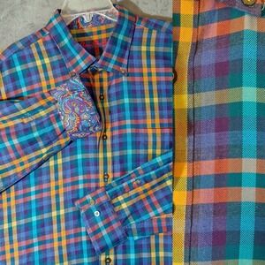 Alan Flusser Shirt Mens XXL Plaid Check Yellow Teal Purple